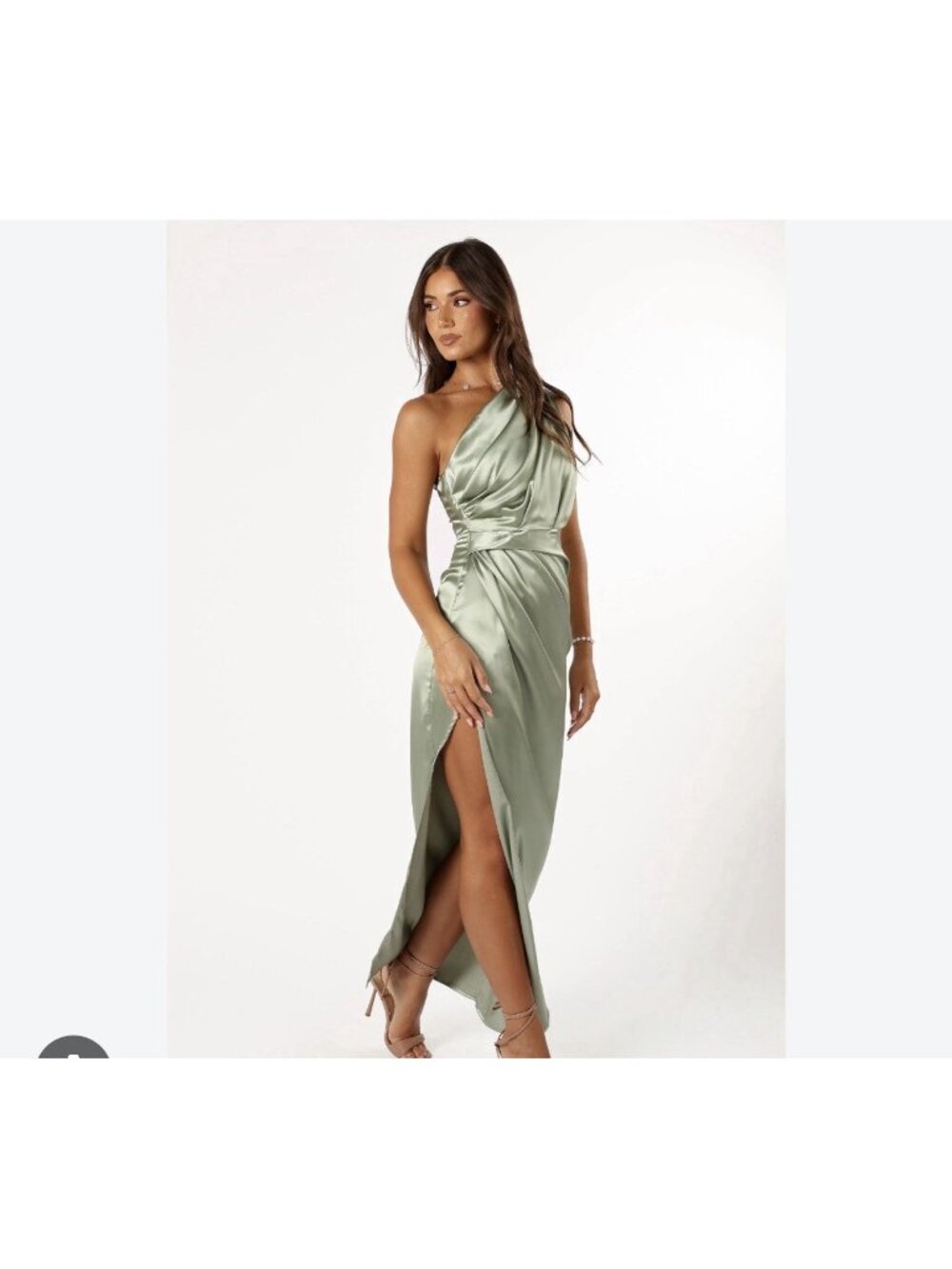 Petal & Pup One Shoulder Maxi Dress Size 6 Sage Green Satin Wedding Guest Formal